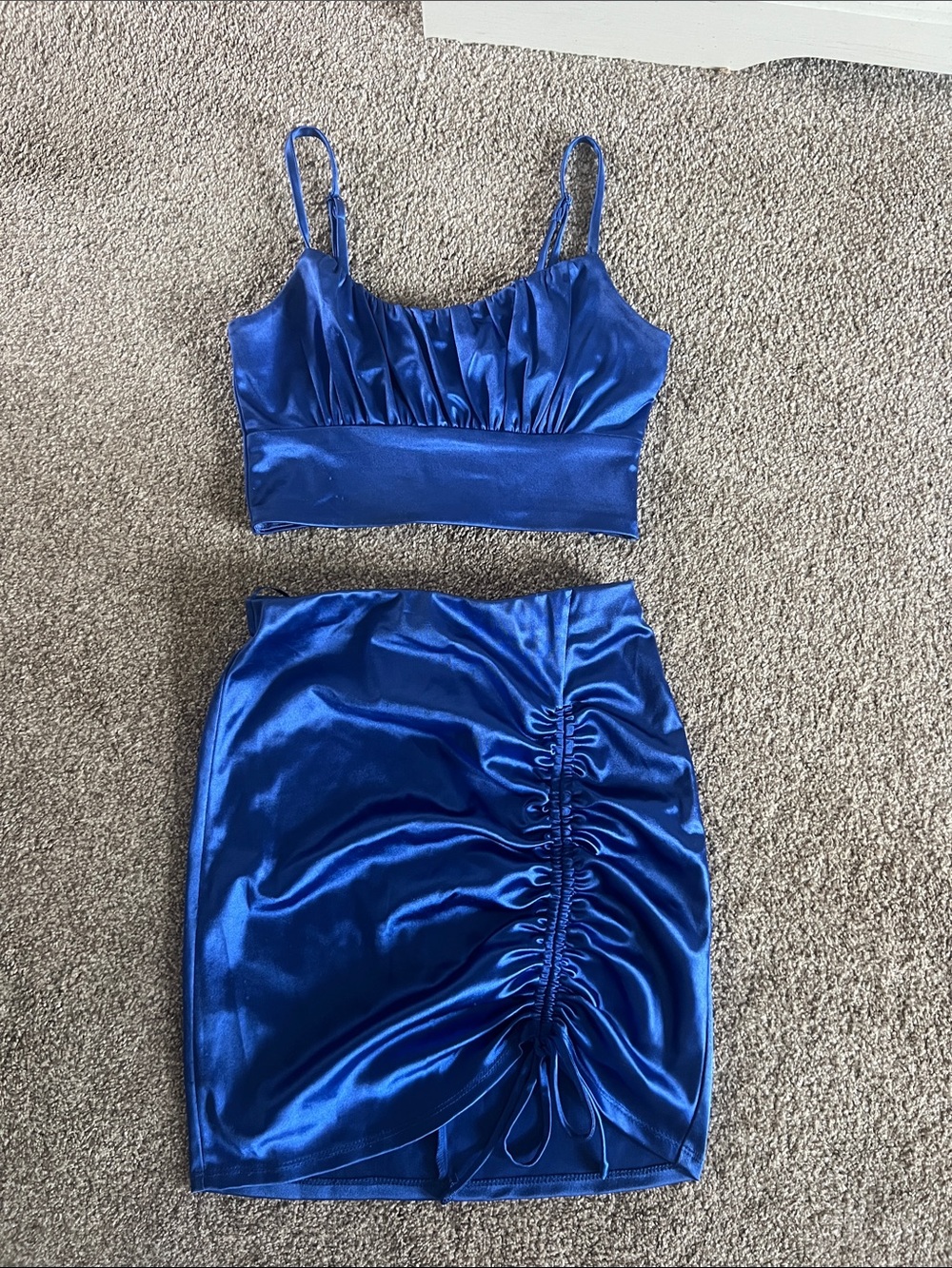 Royal Blue Satin Two-Piece Ruched Prom Dress